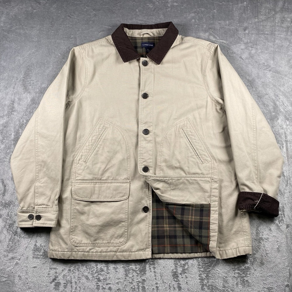 Lands End Jacket Mens XL Tan Canvas Barn Chore Corduroy Collar Flannel Lined